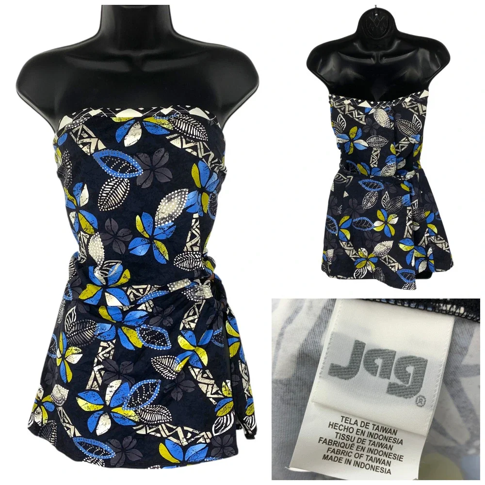 Vintage Y2K Jag Sz 38D/L Black Floral Bandeau Tankini Swimsuit Skirtini - Picture 1 of 9